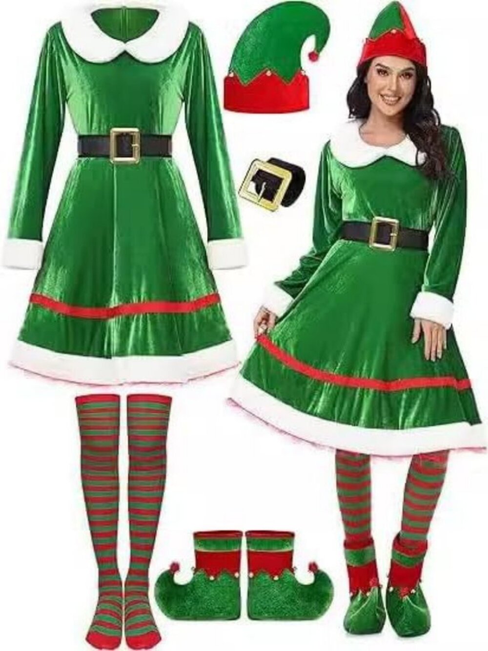 5 Pack Women's Christmas Elf Costume Set - Velvet Dress, Belt, Socks & Hat